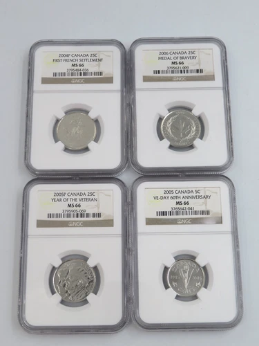 Lot of 4 - 2004, 2005, 2006 Canada 50 cents, 25 cents NGC Graded MS 66