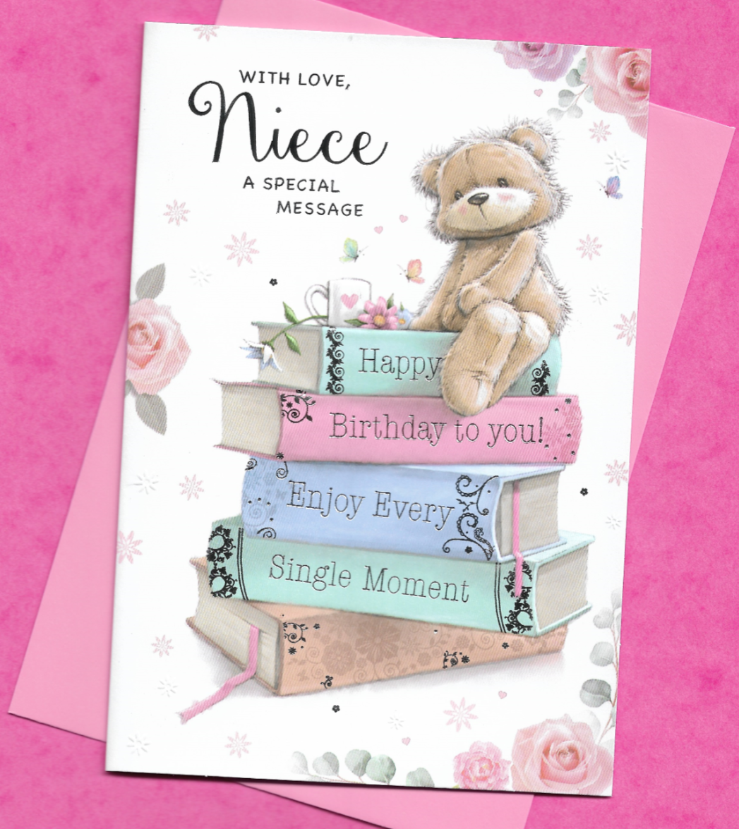 Niece Happy Birthday Card Cute Teddy Bear Book Reading Special Message 19x13cm