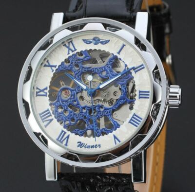 Winner Herrenuhr Automatik römisches Skelett Lederarmband weiß blau