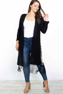 Womens Plus Size Black Cardigan 3XL Back Print Fringe Accents Long