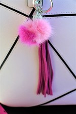Fur Pom Pom Key Chain, Purse Charm, Key Fob, Fur Pom Pom, Leather Tassel