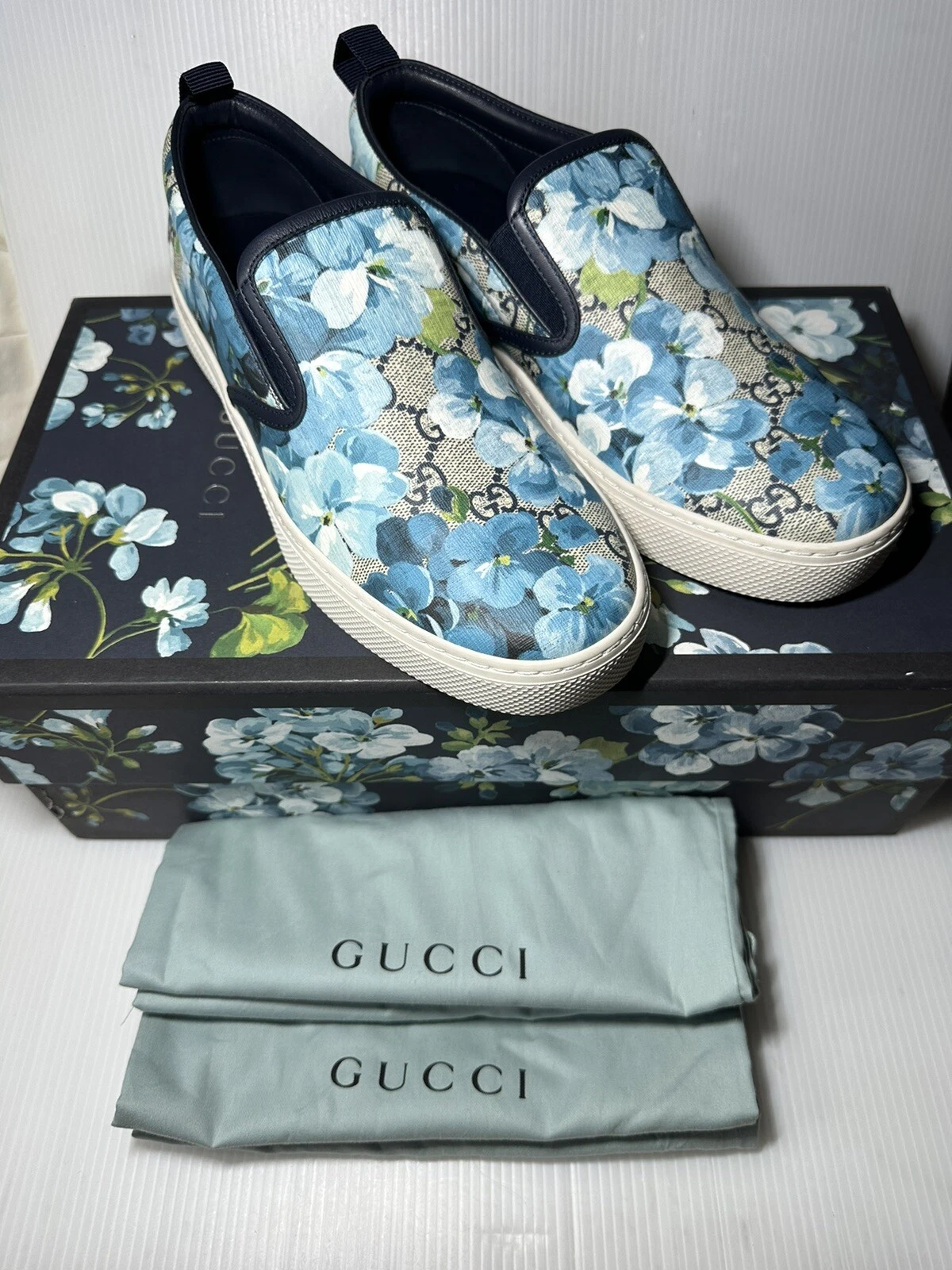 Baskets à enfiler Gucci GG Supreme en toile bleu floral taille 6,5G/7,5US COMME NEUVES