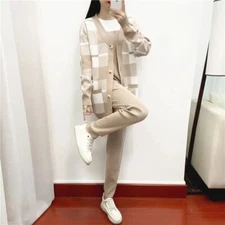 Autumn Plaid Knit Women Tracksuit Cardigan Coat + Short Sleeved Top + Solid Pant