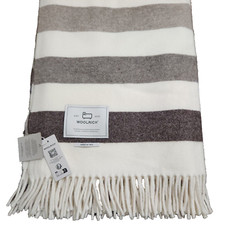 Woolrich Wool Blanket Throw Fringe Ivory Brown Stripe 55.5" x 57" Italy NWT