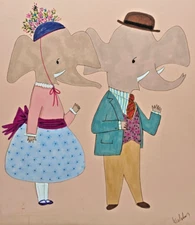 ELEPHANT COUPLE #1 Rosalind Welcher signed original art c1960s-70s Panda Prints