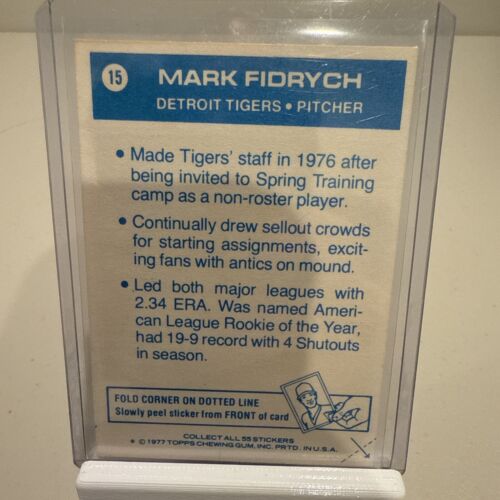 1977 Topps MARK FIDRYCH RC Cloth Sticker #15 ~ NICE CARD! - Picture 4 of 6