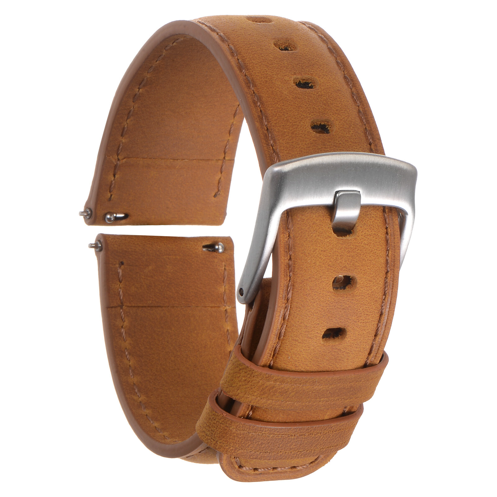 Quick Release Genuine Leather Watch Band 22mm Width Light Brown Silver Tone