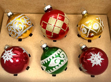 Vintage Glass Ball Christmas Ornament Lot 6 Stenciled Glitter Multicolor USA