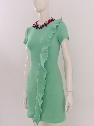 MSGM Green Pencil Dress UK 10 EU 38 Ruffle Frill Wool Floral Pin Chain Collar - Picture 11 of 20