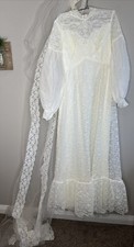 Vintage 40s 50s Wedding Gown Dress Lace Long Sleeve W/ Long Veil Size 4 