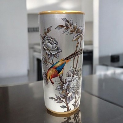 Keramik Schirmständer Stockhalter 44 cm hoch rund silber gold Pfau Blumen