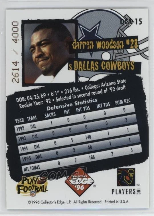 1996 Collector's Edge Cowboybilia Footballbilia /4000 Darren Woodson Auto - Image 2 of 2