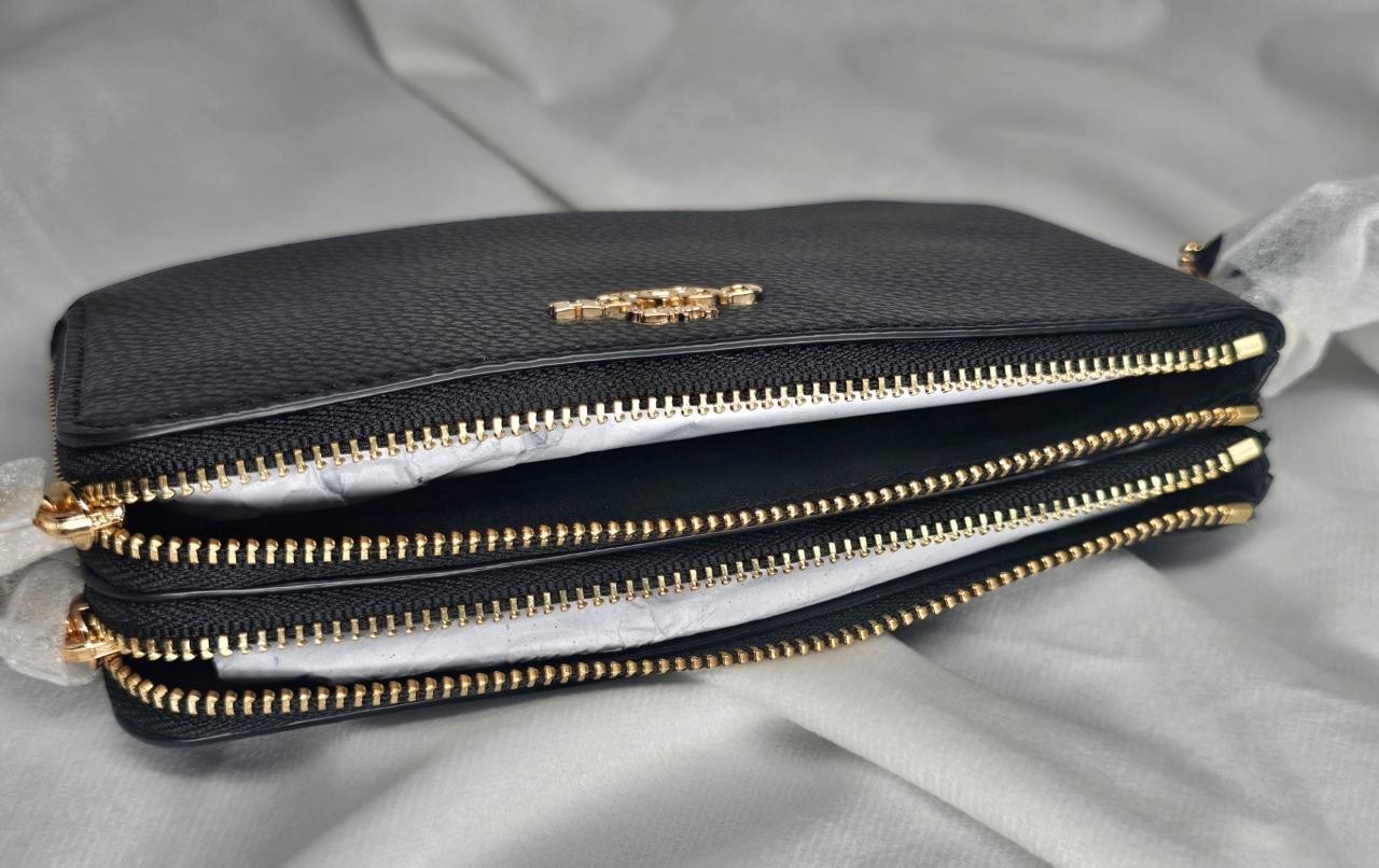 NWT COACH PEBBLED LEATHER DOUBLE ZIP BLACK WALLET W/ WRIST STRAP~FREE US S&H thumbnail 5