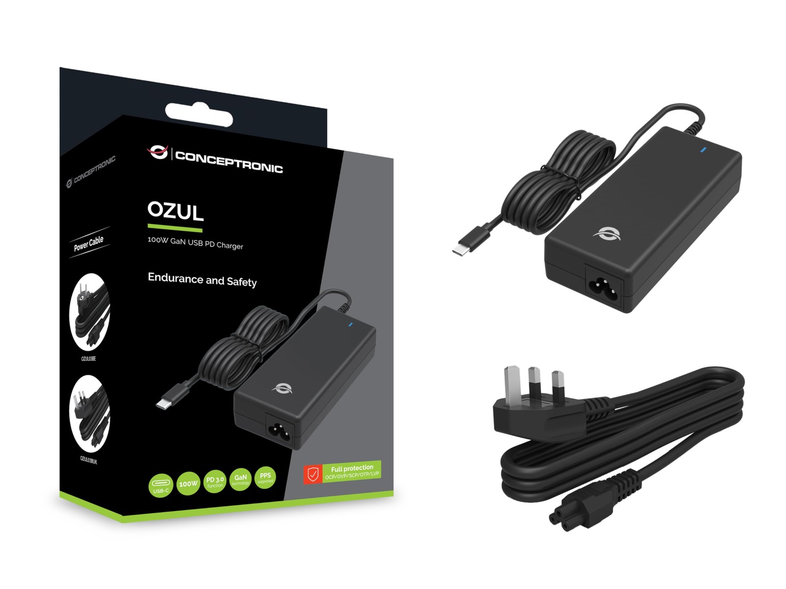 CONCEPTRONIC OZUL03BUK 100-W-GaN-Desktop-USB-PD-Ladegerät, integriertes USB-C-Ka