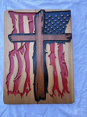Handcrafted Hand Painted Rustic Cross Inside The American Flag Wood carving art