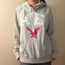 American Eagle Outfitters Grey Pullover Hoodie with White AE Logo and Pink Eagle