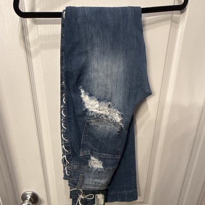 AP Blue Women s Juniors Skinny Jeans Blue Denim Distressed Lace-Up Sides