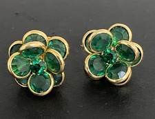 Vintage Emerald Green Faceted Crystal Glass Flower Gold tone Pierced Earrings