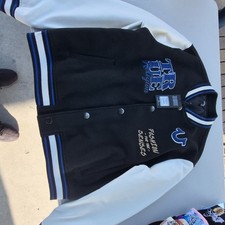 True Religion Varsity Jacket Black White Blue Logo Embroidered Snap L