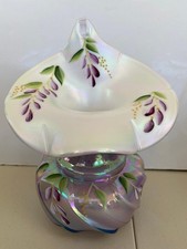 Fenton Purple Amethyst White Jack Pulpit Vase Iridescent Hand Painted Flowers