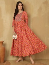 Pink Embroidered Kurta Women Printed Flared Kurti Anarkali Gown Dress NEW