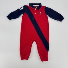 Polo Ralph Lauren Baby Boys 9M Red Navy Long Sleeve Rugby Polo Coverall Romper