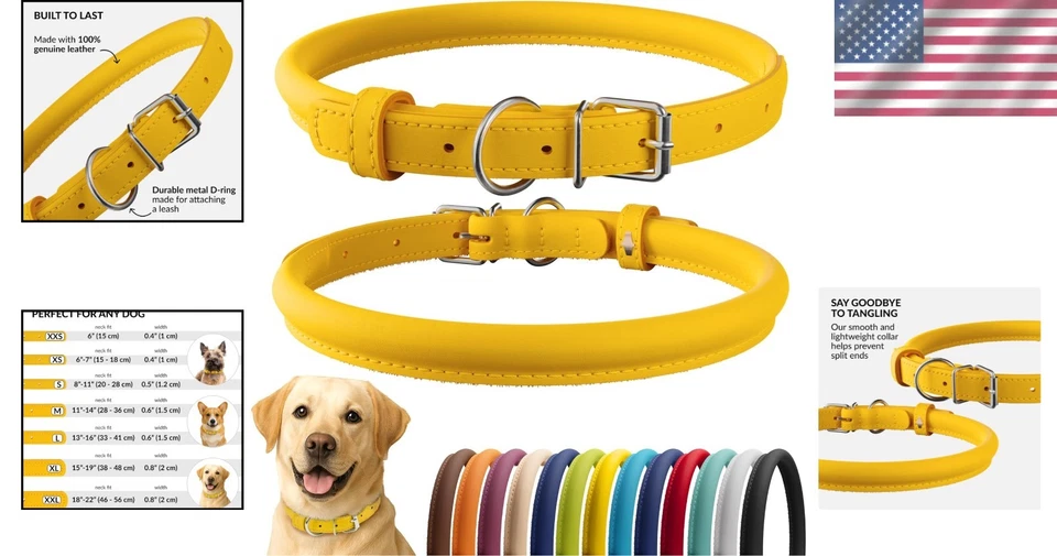 Collar de perro de cuero enrollado - suave, duradero, impermeable, amarillo 18-22 pulgadas Foto 2 de 4