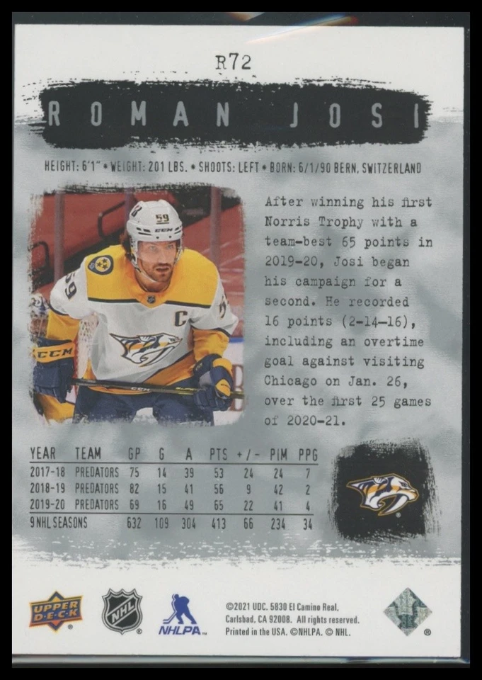 Roman Josi 2020-21 SP Authentic #R72 2000-01 Retro Nashville Predators - Image 2 of 2