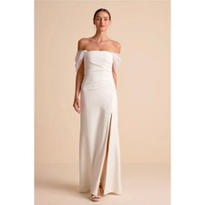 Lulus Trynn White Off-the-Shoulder Column Maxi Dress Ruched Crepe Gown Size S