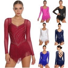 Womens Jumpsuit Open Back Leotard Rumba Dancewear Prom Bodysuit Party Mesh