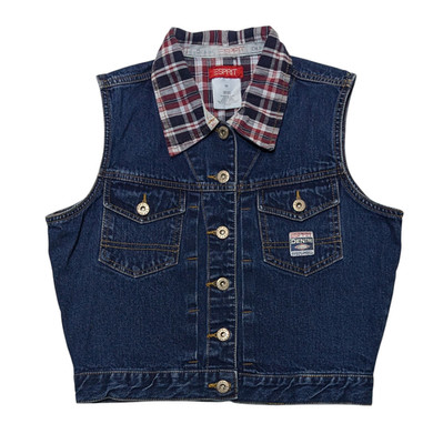 Vintage 90s Esprit Jeans Denim Button Up Vest Junior Medium Cropped Plaid Collar