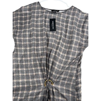 NWT Kenneth Cole Plaid Asymmetrical Midi Dress Gold Ring Detail Women's Medium
