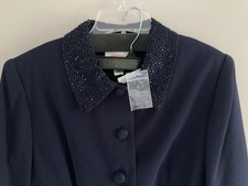 Vintage New Talbots Skirt Suit w/Beaded Collar and Cuffs, Navy 12P