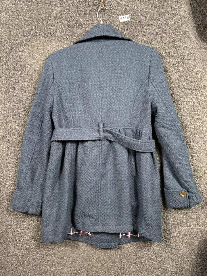 Abrigo de tul para mujer grande azul doble botonadura chal cuello forrado con cinturón Foto 2 de 4