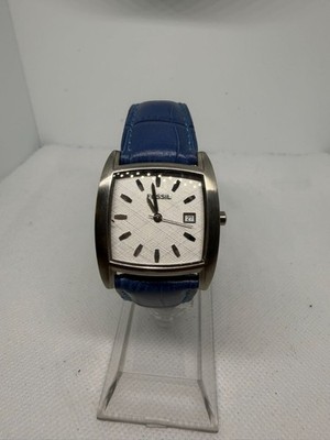 Fossil Women's 30mm Tonneau Stainless Steel White Dial Date Blue Leather Watch