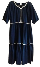 Maxi Dress Navy White Tiered Half Sleeve Cotton Prairie Cottagecore Boho - Large