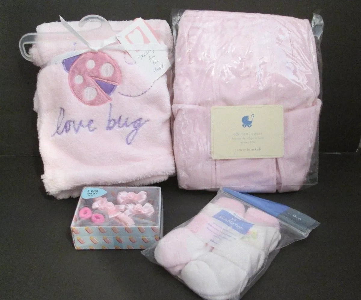 Pottery Barn Car seat cover Baby Blanket 6 pair booties 5 pcs Bows Pink Lot