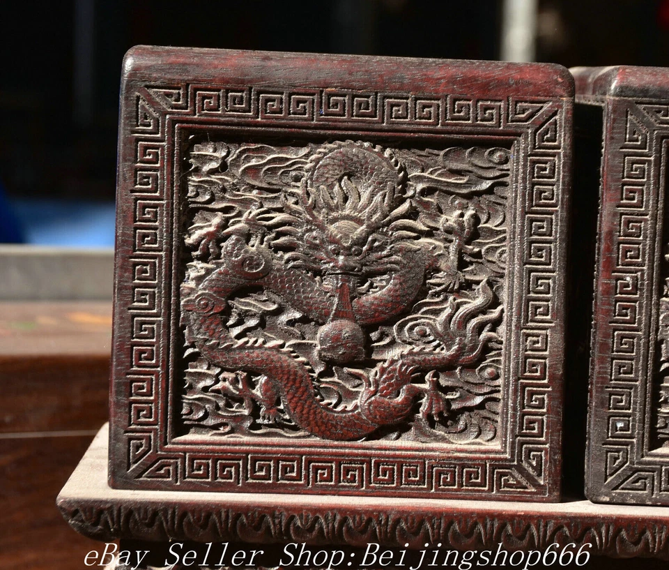 Estátua caixa selo joia dragão esculpida em madeira chinesa antiga Huanghuali 12" - Imagem 2 de 4