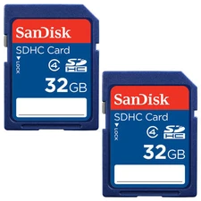 Lot of 2 SanDisk 32GB = 64GB SD SDHC Class 4 Camera Flash Memory Card SDSDB-032G