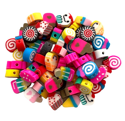 100 Fimo Beads Colorful Clay Random Assorted 9-11mm Cakes Ice Cream Candy Mix