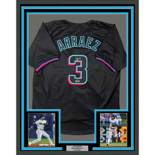 Framed Facsimile Autographed Luis Arraez 33x42 Black Reprint Laser Auto Jersey