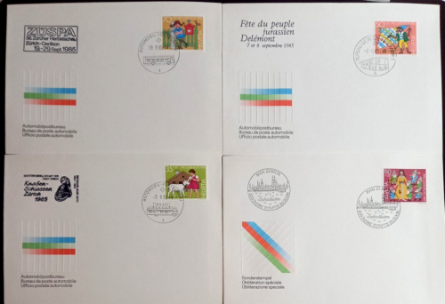 SCHWEIZ 1985-1986 7 SONDERHÜLLEN frankiert mit Briefmarken Stornierungen & Etiketten - Bild 1 von 2