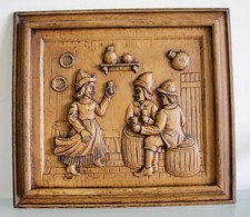 Flemish Hand Carved Oak Panel Tavern Scene. 33 cm x 29.5 cm.