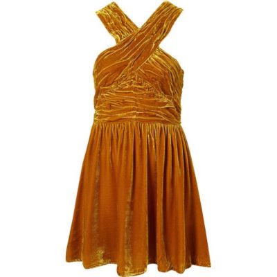 TOPSHOP @ASOS gold mustard ochre CRUSHED VELVET halter Grecian High Neck 8  DRESS | eBay