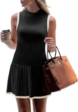 Wenrine Womens Sleeveless Summer Mini Dress Mock Neck Ribbed Knit Ruffle Pleated