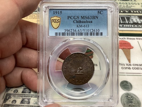 Mexico 1915 5 Centavos Chihuahua Pcgs Ms63 BN Km-613 - Picture 2 of 4