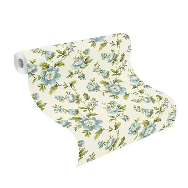 Rasch Tapete Freundin 442212 Blau Creme GrüN Stylisch Blume Floral Vliestapete-image