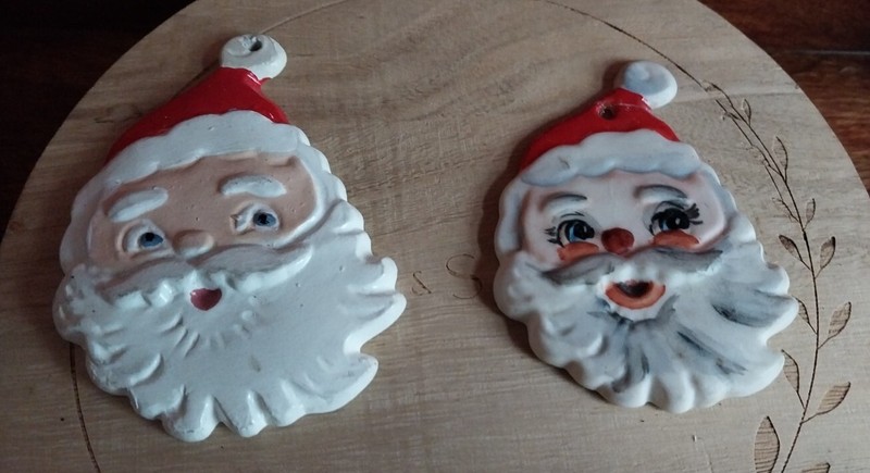 Set of 2 Vintage Art Pottery Handmade Christmas Santa Claus Hobbyist Ornament 