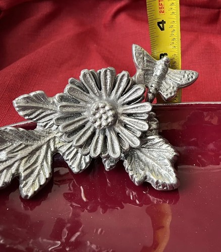 Oval Serving Bowl Burgundy Red Enamel Base Aluminum? Pewter? Flowers Butterflies - Picture 8 of 8