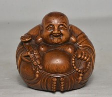 6CM Old China Boxwood Carving Feng Shui Happy Laugh Maitreya Buddha Ruyi Statue